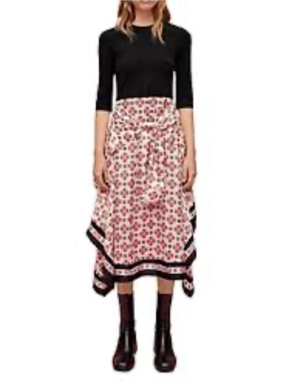 Maje Pink Floral Handkerchief-Hem Midi Skirt with Black Trim